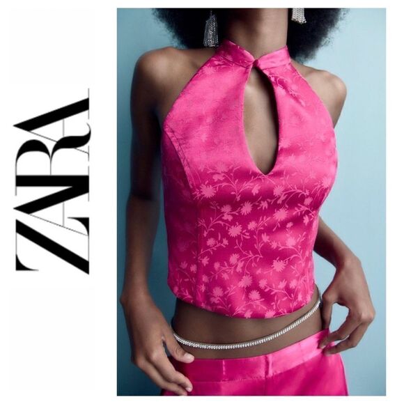 NWT Zara Satin Effect Floral Jacquard Keyhole Halter Top in Fuchsia - Picture 1 of 16